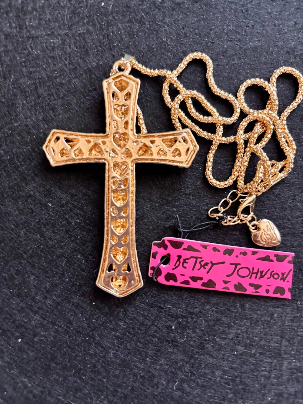 Betsey Johnson Pink and Gold Crystal Cross Pendant Necklace - Picture 2 of 2